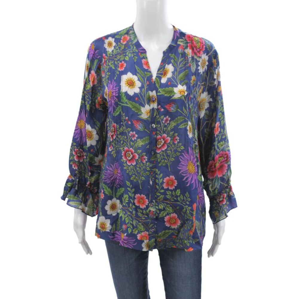 Johnny Was Women Tunic Blouse V-Neck Floral Blue Long Sleeve Cupro Size XL